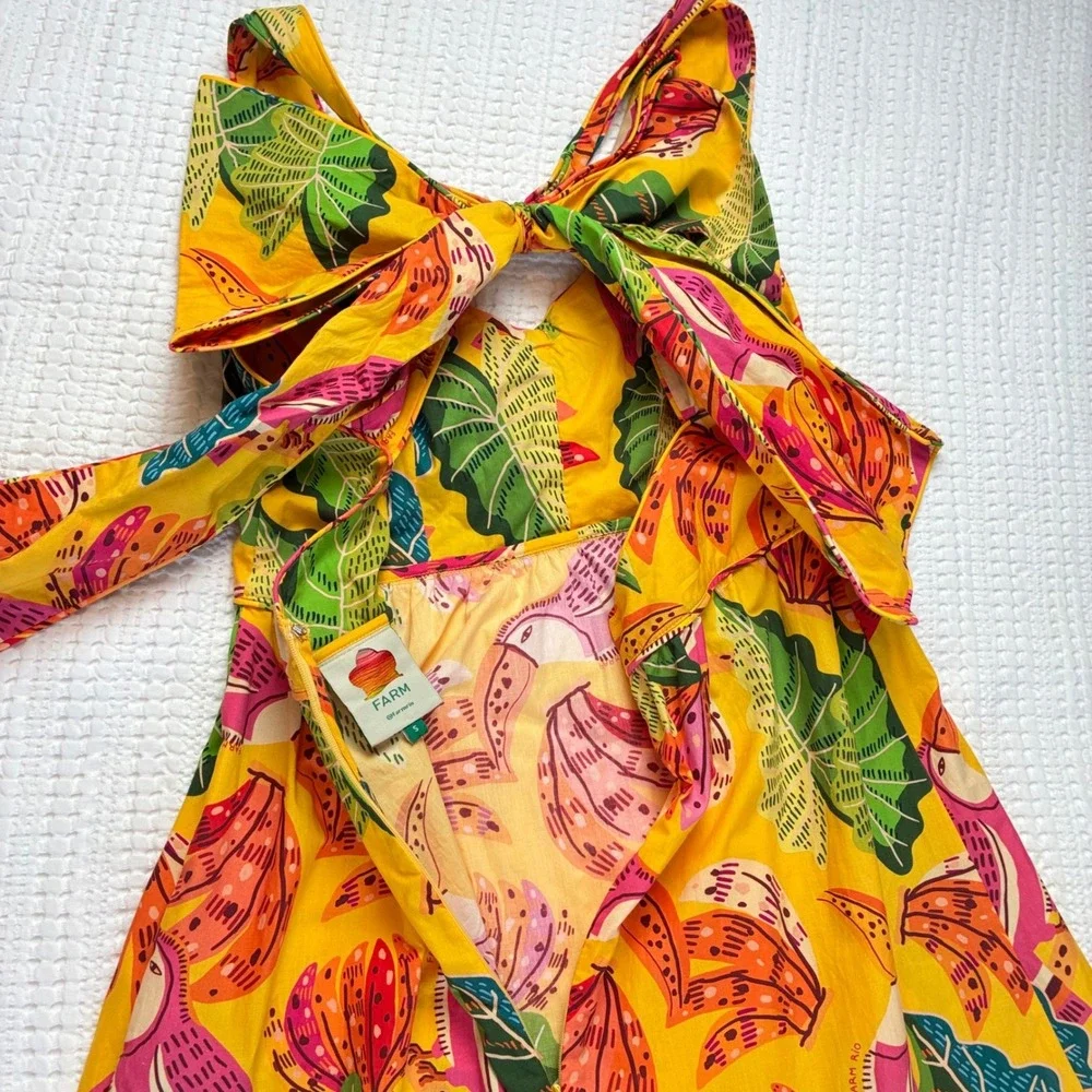 Farm Rio Yellow Tropical Toucan Banana Print Tiered Tie Back Maxi Dress Cotton